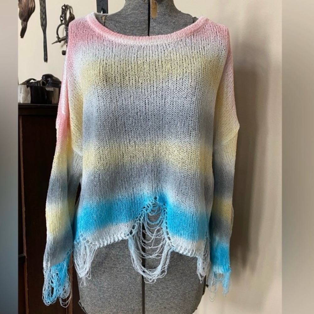 POL Oversized Multi Sherbet Rainbow Distressed Crop Light Weave Sweater NWOT